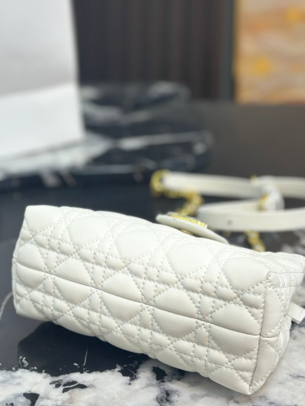 Dior Jolie Mini Top Handle Bag White Cannage Quilted Pearl Chain Crossbody - Picture 5 of 9
